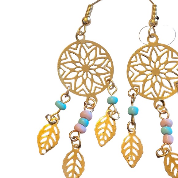 Gold and Beaded Lightweight Dream Catcher Earrings - Picture 2 of 5